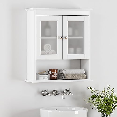 WISSEN WOOD HM21051 Wall Mounted Glass Door Cabinet, Bathroom Cabinet Wall Mounted, Medicine Cabinet Organizer with Glass Doors and Adjustable Shelves, Bathroom Wall Cabinet Over Toilet, White, Made in Vietnam