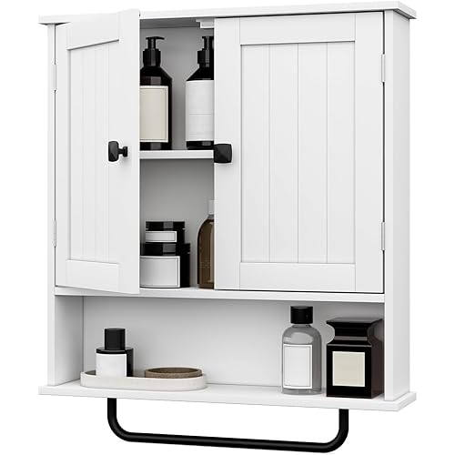 WISSEN WOOD HM21070 Wall Mounted Medicine Storage Cabinet, Bathroom Cabinet Wall Mounted Medicine Cabinets with Towels Bar, Over The Toilet Storage Cabinet with 2 Doors and Adjustable Shelf, White Wall Cabinet for Bathroom Laundry Kitchen, Made in Vietnam