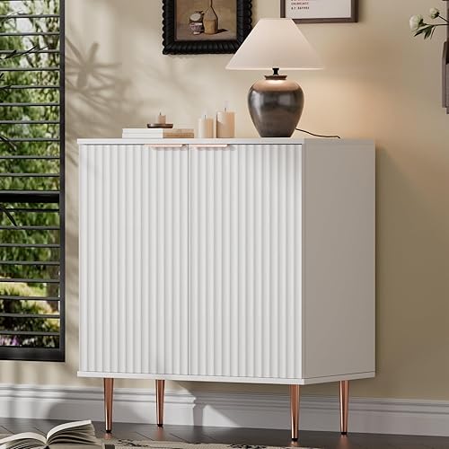 WISSEN WOOD HB21072 White Fluted Buffet Storage Cabinet, White Fluted Buffet Storage Cabinet, Wood Sideboard Buffet Cabinet with Adjustable Shelf & Rose Gold Colored Metal Legs, Accent Cabinet for Living Room, Kitchen, Assemble Easily, Made in Vietnam