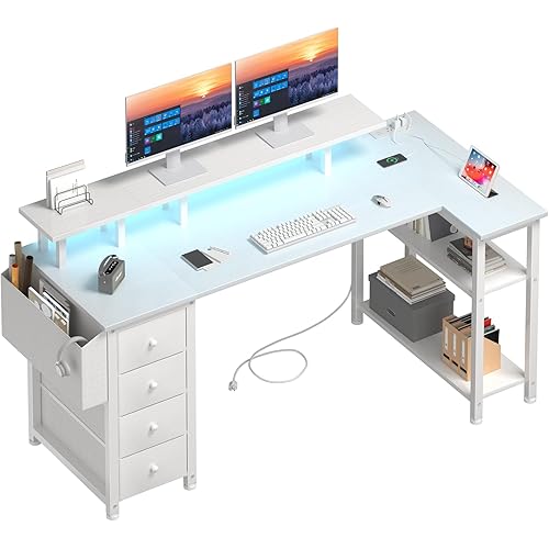 WISSEN WOOD HH41109 White L Shaped Computer Desk, White L Shaped Computer Desk with Fabric Drawers, 55 Inch Corner Home Office Desk with Monitor Stand Shelves, Made in Vietnam