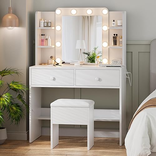 WISSEN WOOD HV31174 10-LED Bulbs Makeup Vanity Set, White Vanity Desk with Mirror and Lights, Makeup Vanity with 10 LED Bulbs and 3 Color Modes, Dressing Table Set with Power Outlets, Storage Drawers and Chair for Bedroom, Made in Vietnam
