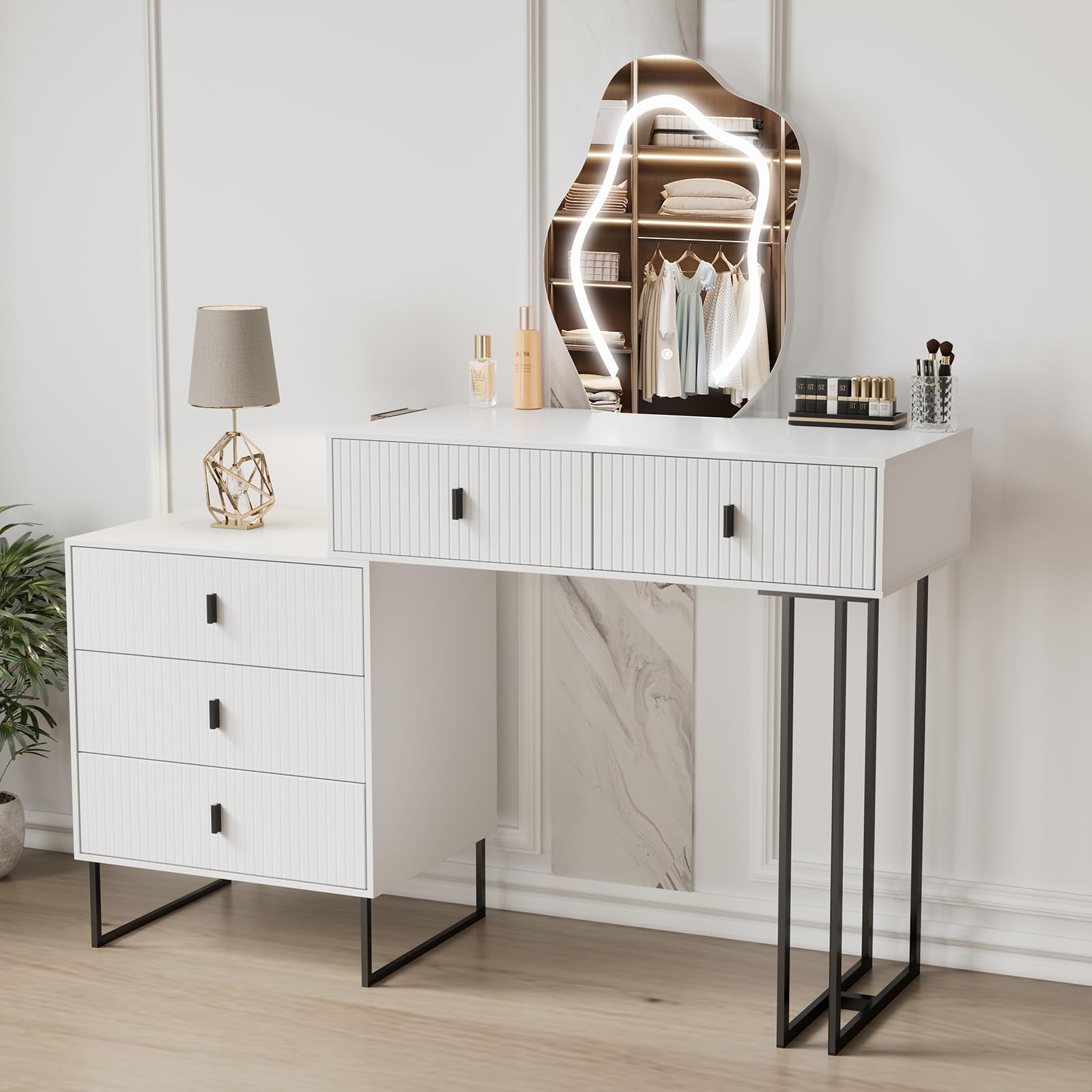 HV31088 White Mirrored Makeup Vanity Desk