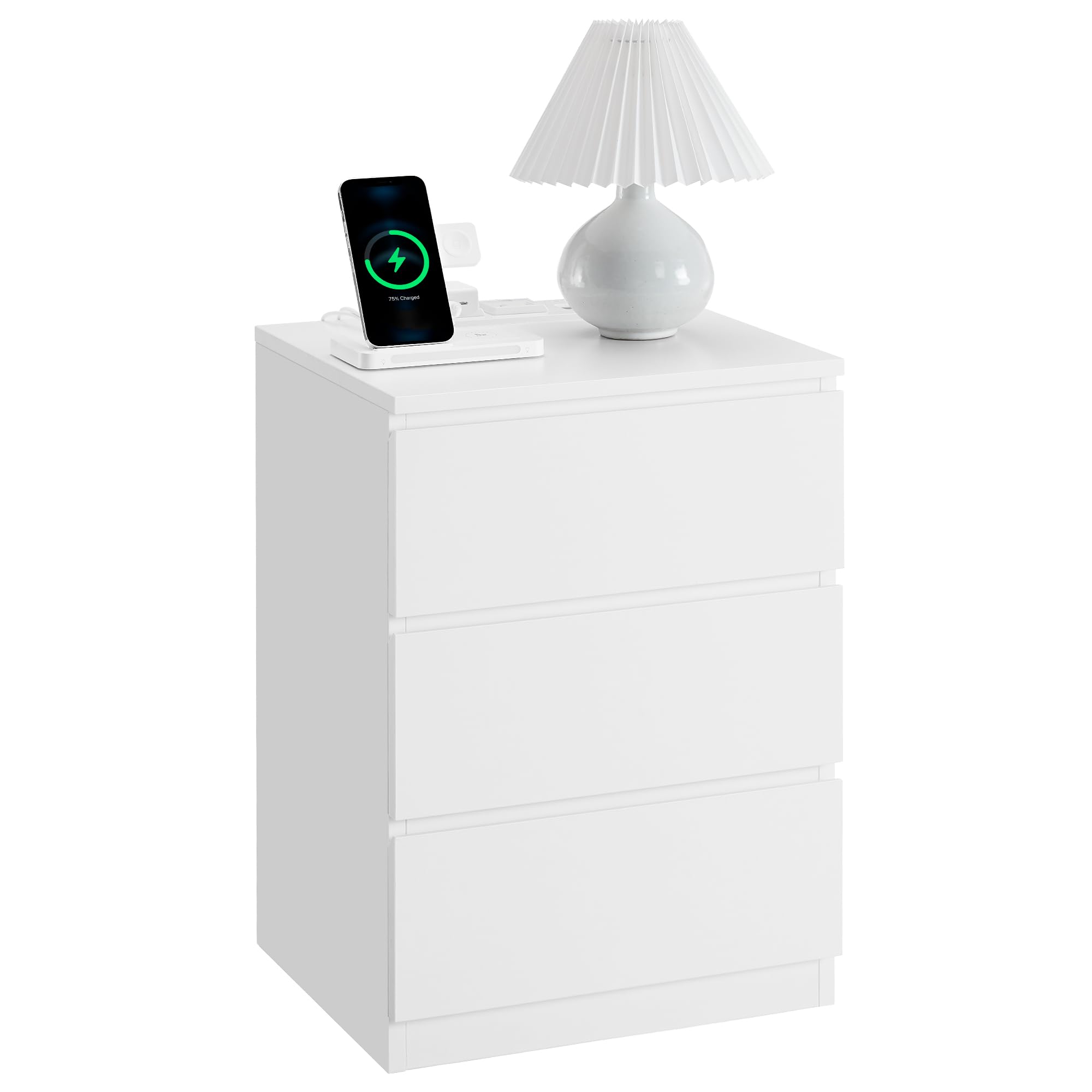 HN31086 3-Drawer White Modern Charging Nightstand