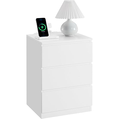 WISSEN WOOD HN31086 3-Drawer White Modern Charging Nightstand, Nightstand with Charging Station, 2 AC Outlets and 2 USB Ports, Bedside Table, Side Table with 3 Drawers, Modern Style, 13.8 x 15.7 x 23.2 Inches, Cloud White, Made in Vietnam