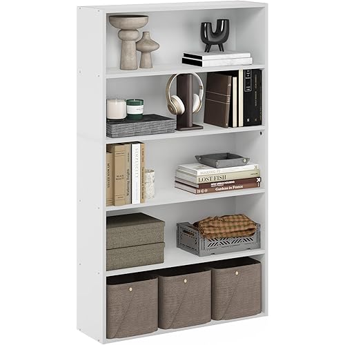 WISSEN WOOD HB31153 Pasir 5-Tier White Book Shelf, PASIR Book Shelf, 5-Tier Bookshelf, Bookcase with Open Shelf, 9.4 x 31.5 x 52.7, for Living Room, Bedroom, Home Office, White, Made in Vietnam