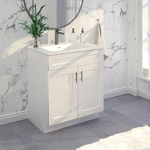 WISSEN WOOD TB21075 30 Inch White Shaker Vanity, White Shaker Sink Base Bathroom Vanity Ready-to-Assemble Cabinet 30 inch Width, Made in Vietnam