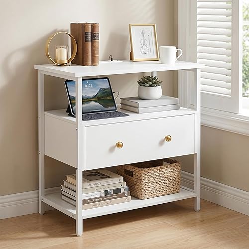 WISSEN WOOD HN31095 27 Inch Wide Wood Nightstand, 27 Inch Wide Night Stand with Charging Station, Wood Nightstand with Open Shelf, Large Drawer Bedside Table for Living Room/Bedroom/Office (White), Made in Vietnam