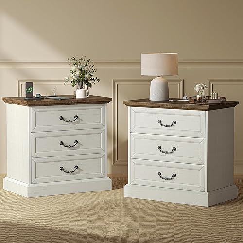 WISSEN WOOD HN31158 3-Drawer Distressed White Nightstand, Nightstand with Charging Station, 3 Drawer Night Stand Set of 2, 22 Inch Wider Side Table with Storage, Farmhouse Nightstand with Vintage Handles, Thicken Base, for Bedroom, Distressed White, Made in Vietnam