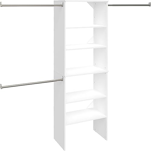 WISSEN WOOD HC31006 Wood Closet Organizer System, SuiteSymphony Wood Closet Organizer System, 25-Inch Starter Kit with Tower and 3 Hang Rods and Shelving, Adjustable Shelves, Customizable Insert, Reach-in or Walk-in Closets, Pure White, Made in Vietnam