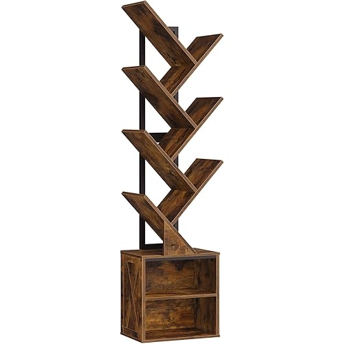 WISSEN WOOD HB31200 6 Tier Wooden Tree Bookshelf, Tree Bookshelf, 6 Tier Bookcase with 2 Storage Racks, Free Standing Tall Wooden Bookcase, Floor Standing Book Shelf Organizer for Living Room, Bedroom, Study, Home Office, Rustic Brown, Made in Vietnam